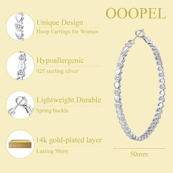 925 Silver-50mm Heart Cubic Zirconia Large Rhinestone Hoop Earrings for Womens - Picture 3 of 7